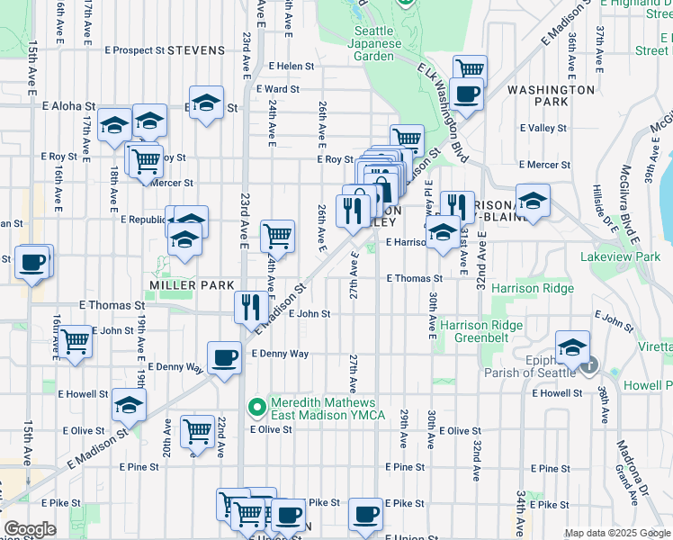 map of restaurants, bars, coffee shops, grocery stores, and more near in Seattle