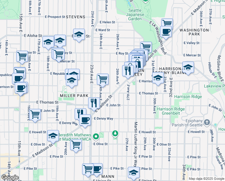 map of restaurants, bars, coffee shops, grocery stores, and more near 320 25th Avenue East in Seattle