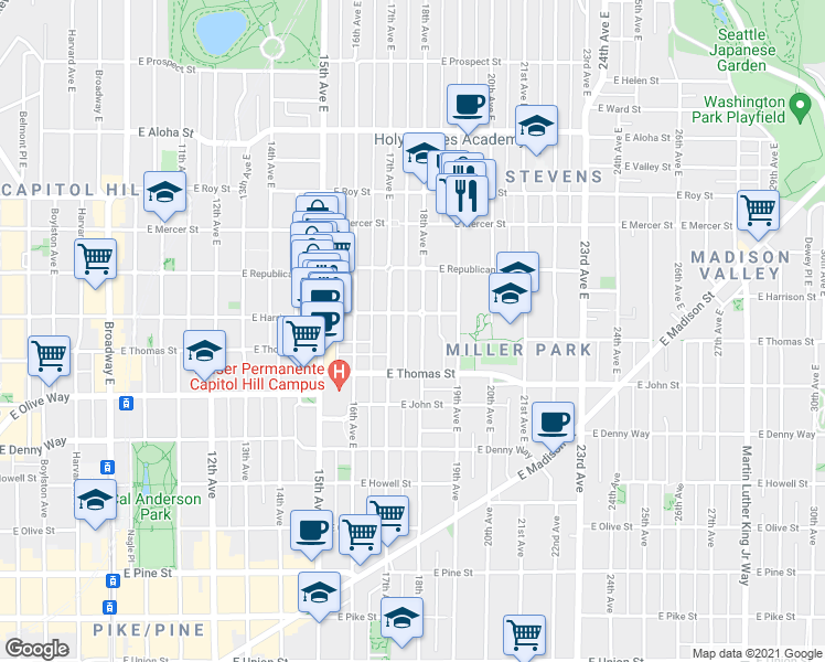 map of restaurants, bars, coffee shops, grocery stores, and more near 348 18th Avenue East in Seattle