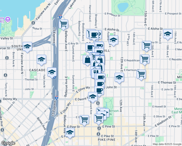 map of restaurants, bars, coffee shops, grocery stores, and more near 401 Harvard Avenue East in Seattle