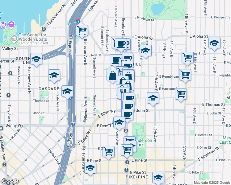 map of restaurants, bars, coffee shops, grocery stores, and more near 401 Harvard Avenue East in Seattle