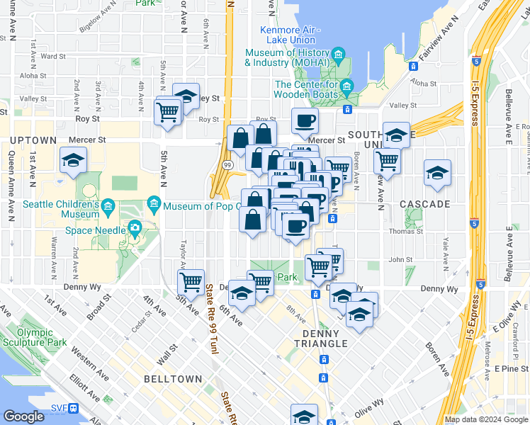 map of restaurants, bars, coffee shops, grocery stores, and more near 760 Harrison Street in Seattle