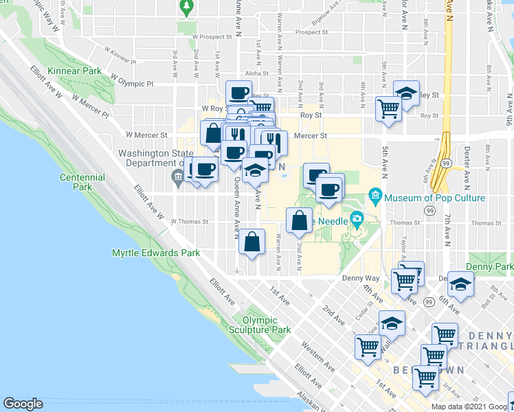 map of restaurants, bars, coffee shops, grocery stores, and more near 334 1st Avenue North in Seattle
