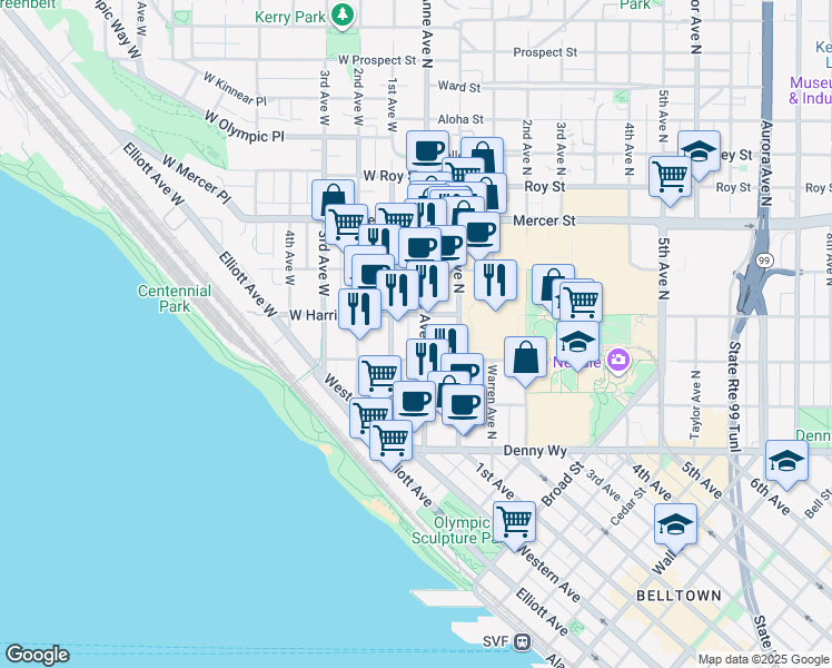 map of restaurants, bars, coffee shops, grocery stores, and more near 19 West Harrison Street in Seattle