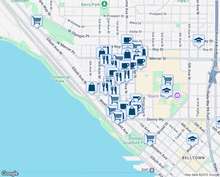 map of restaurants, bars, coffee shops, grocery stores, and more near 201 West Harrison Street in Seattle