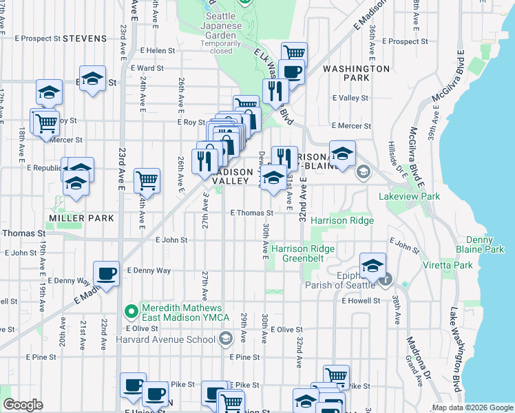 map of restaurants, bars, coffee shops, grocery stores, and more near 320 Dewey Place East in Seattle