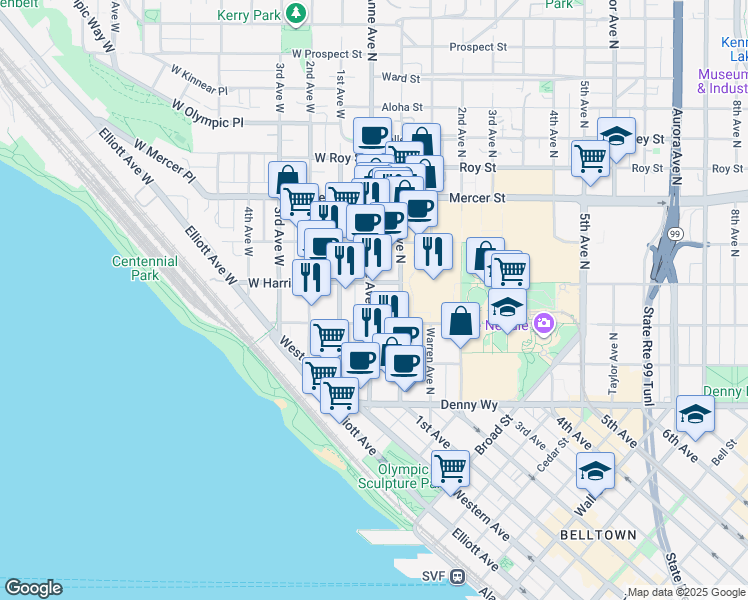 map of restaurants, bars, coffee shops, grocery stores, and more near 19 West Harrison Street in Seattle