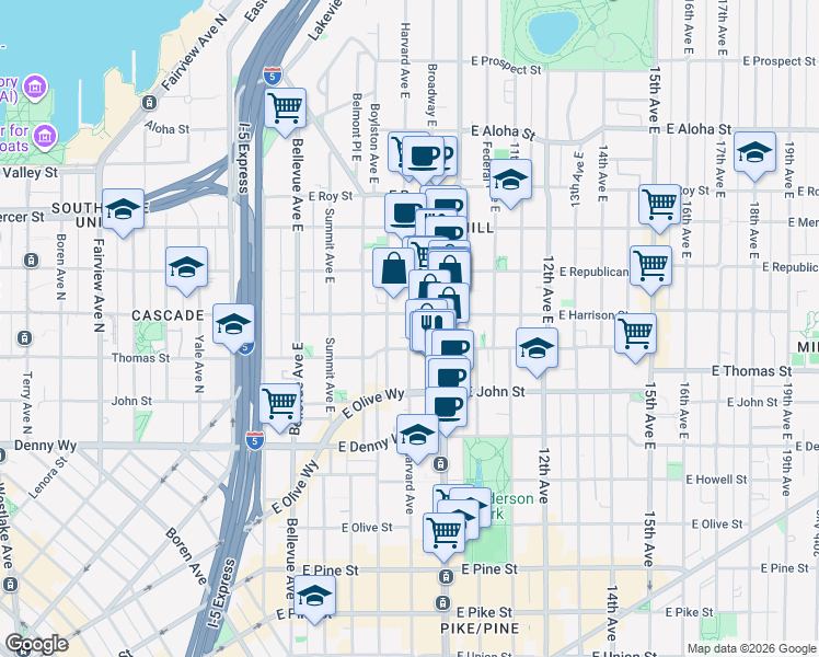 map of restaurants, bars, coffee shops, grocery stores, and more near 401 Harvard Avenue East in Seattle