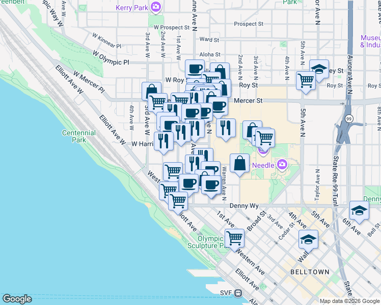 map of restaurants, bars, coffee shops, grocery stores, and more near 19 West Harrison Street in Seattle