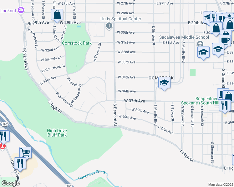 map of restaurants, bars, coffee shops, grocery stores, and more near 233 West 36th Avenue in Spokane