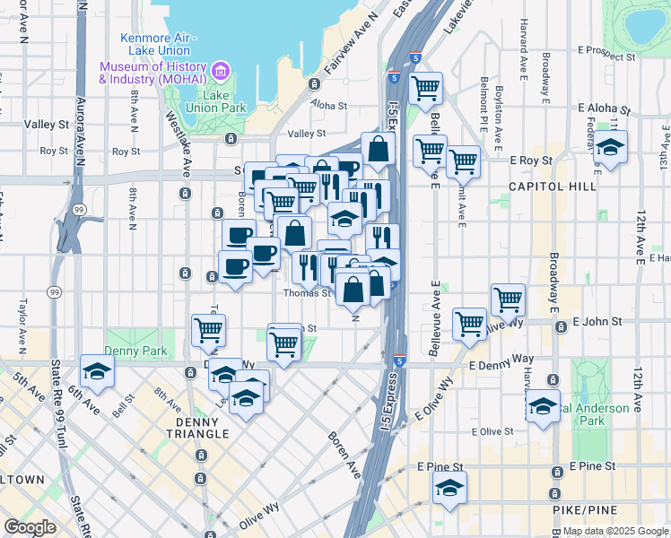 map of restaurants, bars, coffee shops, grocery stores, and more near in Seattle