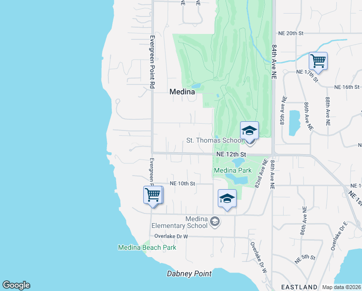 map of restaurants, bars, coffee shops, grocery stores, and more near 7658 Northeast 12th Street in Medina