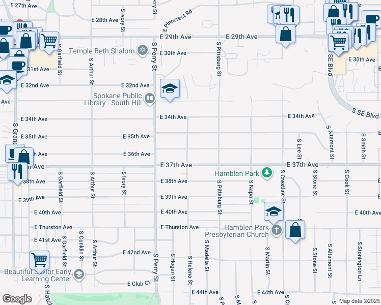 map of restaurants, bars, coffee shops, grocery stores, and more near 1605 East 36th Avenue in Spokane