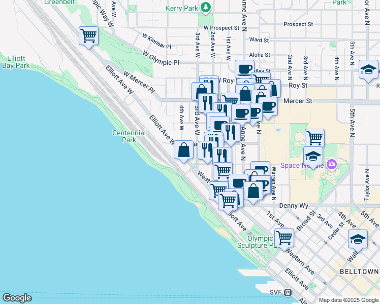 map of restaurants, bars, coffee shops, grocery stores, and more near 300 Elliott Avenue West in Seattle