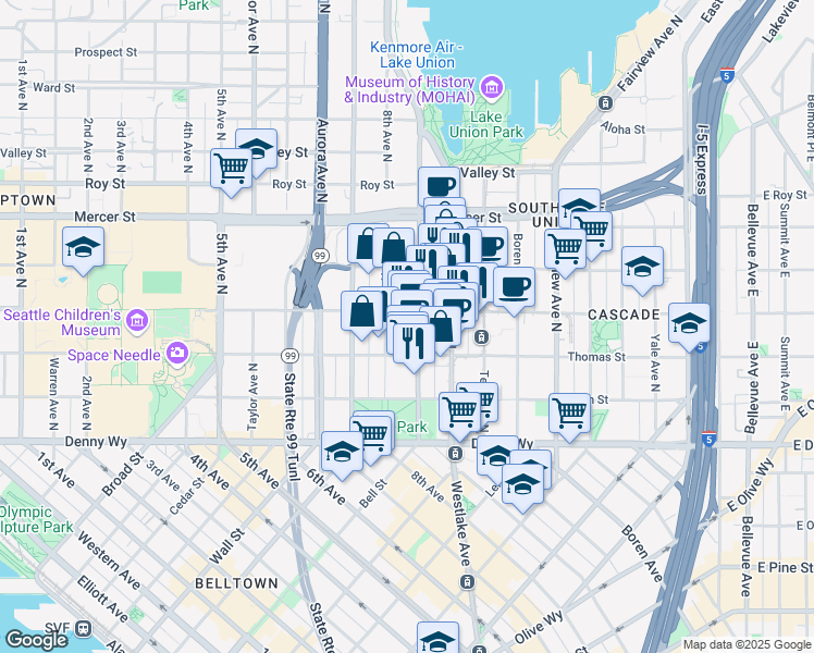 map of restaurants, bars, coffee shops, grocery stores, and more near 325 9th Avenue North in Seattle