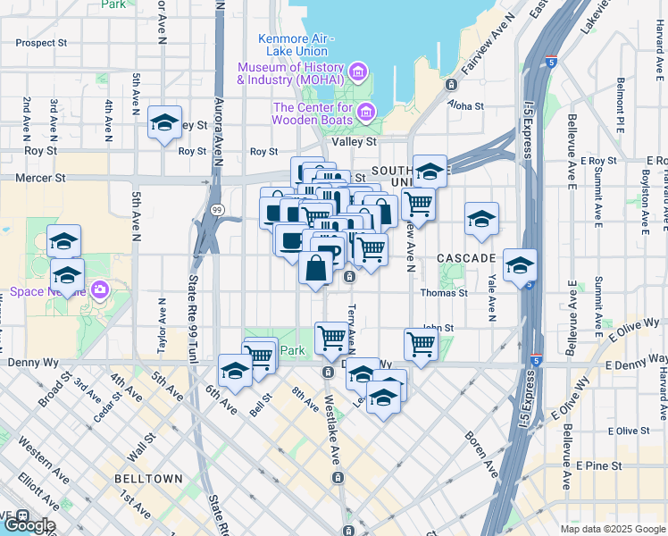 map of restaurants, bars, coffee shops, grocery stores, and more near in Seattle