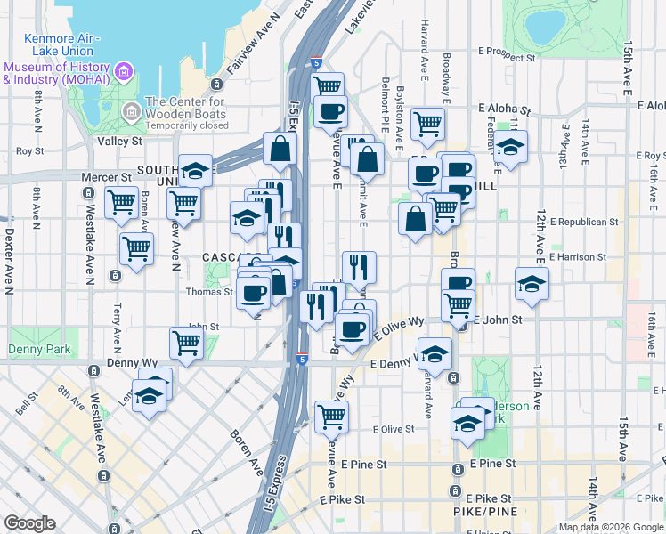 map of restaurants, bars, coffee shops, grocery stores, and more near 404 East Harrison Street in Seattle