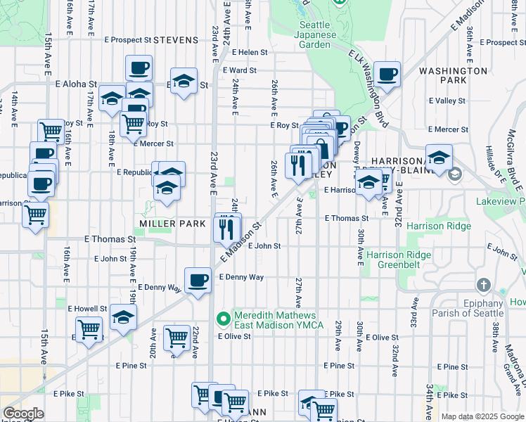 map of restaurants, bars, coffee shops, grocery stores, and more near 320 25th Avenue East in Seattle