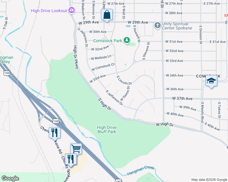 map of restaurants, bars, coffee shops, grocery stores, and more near 810 West Dover Court in Spokane
