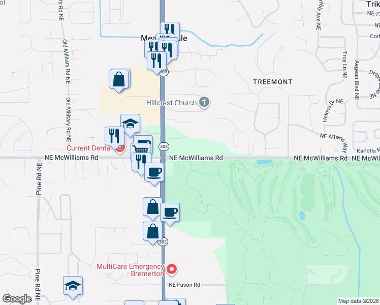 map of restaurants, bars, coffee shops, grocery stores, and more near 1786 Northeast McWilliams Road in Bremerton