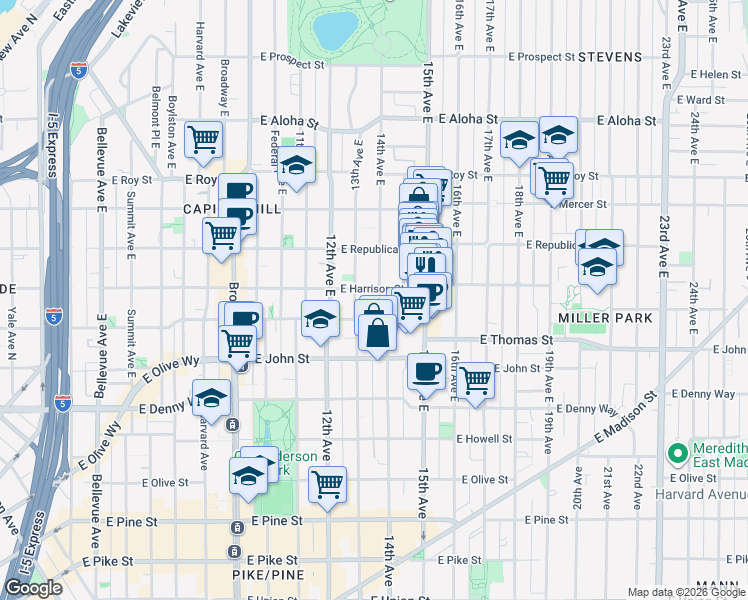 map of restaurants, bars, coffee shops, grocery stores, and more near 311 14th Avenue East in Seattle