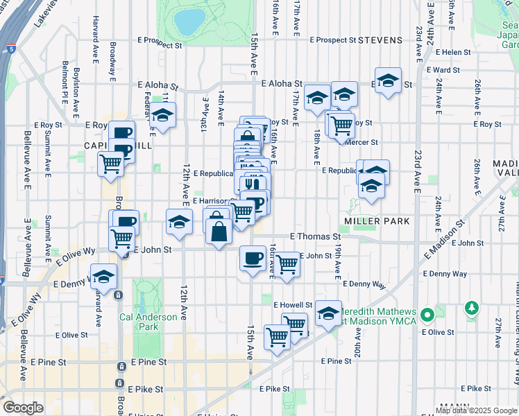 map of restaurants, bars, coffee shops, grocery stores, and more near 401 15th Avenue East in Seattle
