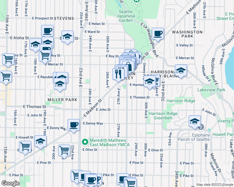 map of restaurants, bars, coffee shops, grocery stores, and more near in Seattle