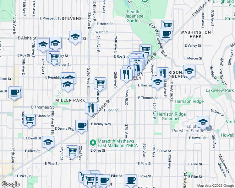 map of restaurants, bars, coffee shops, grocery stores, and more near in Seattle
