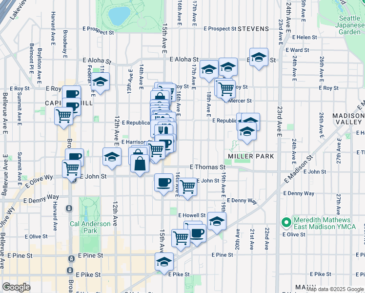 map of restaurants, bars, coffee shops, grocery stores, and more near in Seattle