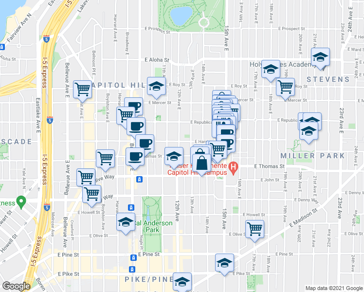 map of restaurants, bars, coffee shops, grocery stores, and more near 403 13th Avenue East in Seattle