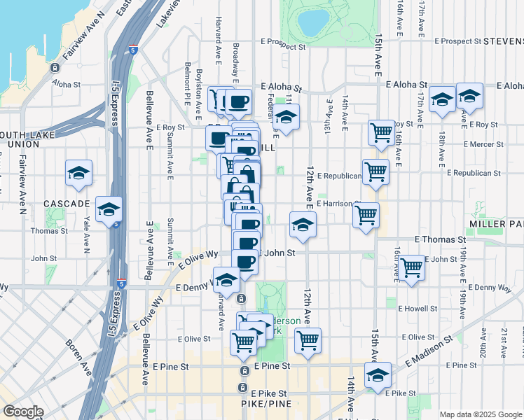 map of restaurants, bars, coffee shops, grocery stores, and more near 1017 East Harrison Street in Seattle