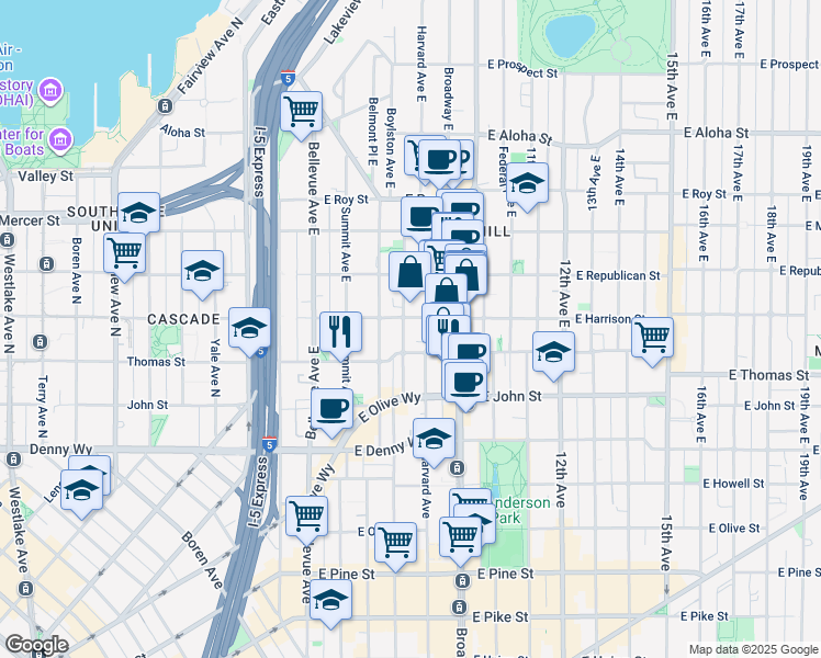 map of restaurants, bars, coffee shops, grocery stores, and more near 511 East Harrison Street in Seattle