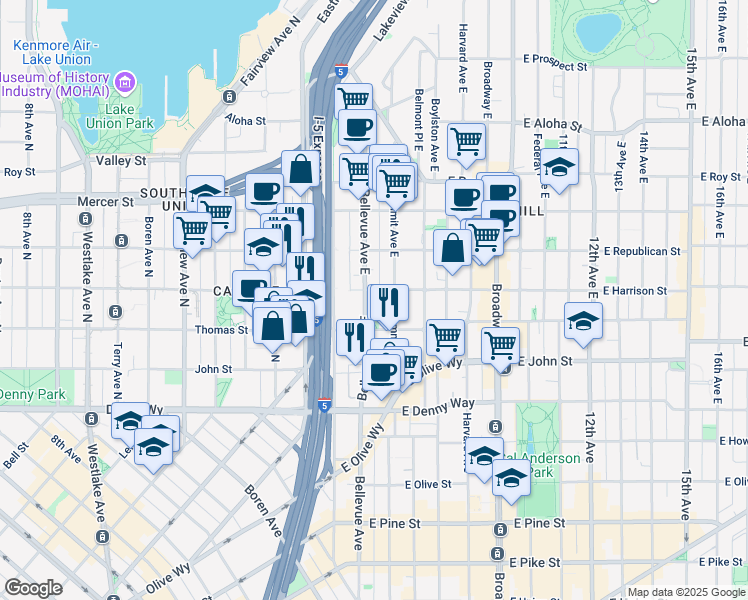 map of restaurants, bars, coffee shops, grocery stores, and more near 404 East Harrison Street in Seattle