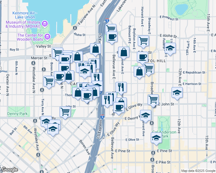 map of restaurants, bars, coffee shops, grocery stores, and more near 400 Melrose Avenue East in Seattle