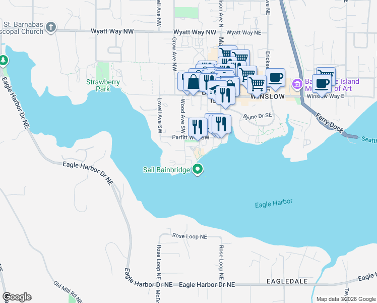 map of restaurants, bars, coffee shops, grocery stores, and more near 445 Wood Avenue Southwest in Bainbridge Island