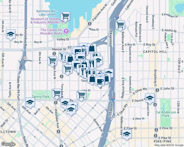 map of restaurants, bars, coffee shops, grocery stores, and more near 333 Pontius Avenue North in Seattle