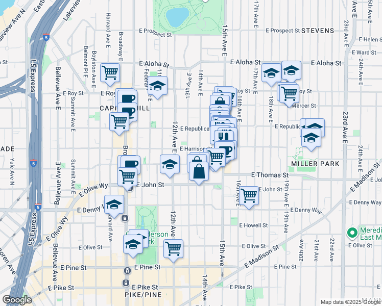 map of restaurants, bars, coffee shops, grocery stores, and more near 403 13th Avenue East in Seattle