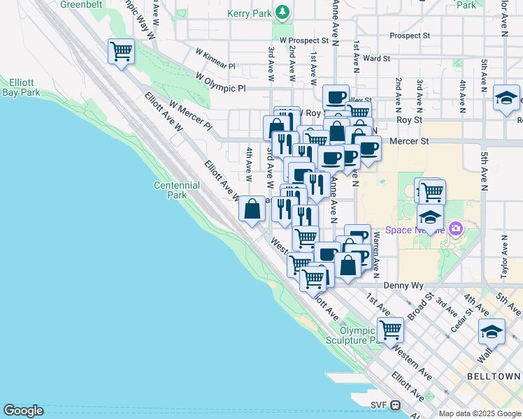 map of restaurants, bars, coffee shops, grocery stores, and more near 300 West Harrison Street in Seattle