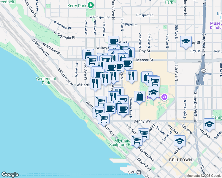 map of restaurants, bars, coffee shops, grocery stores, and more near 323 Queen Anne Avenue North in Seattle