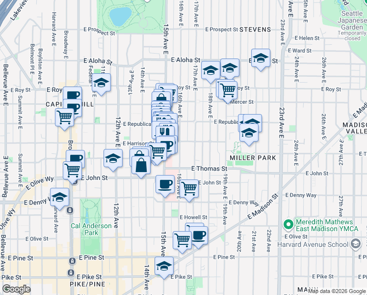 map of restaurants, bars, coffee shops, grocery stores, and more near in Seattle