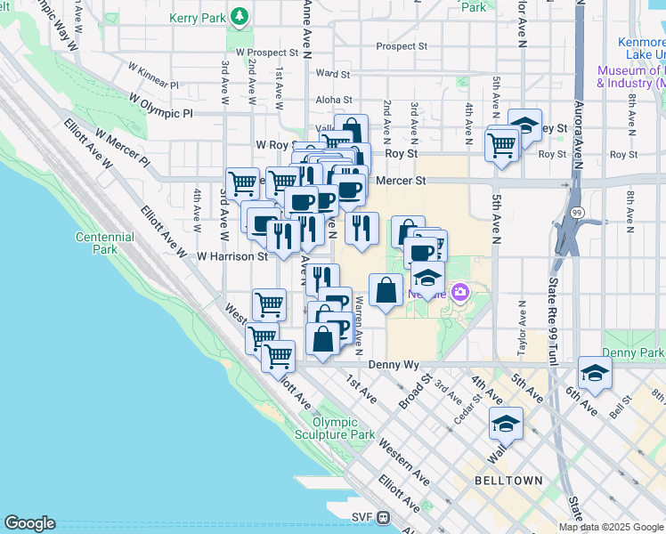 map of restaurants, bars, coffee shops, grocery stores, and more near 334 1st Avenue North in Seattle