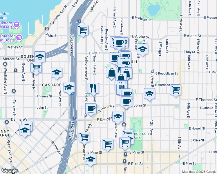 map of restaurants, bars, coffee shops, grocery stores, and more near 609 East Harrison Street in Seattle