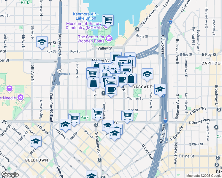 map of restaurants, bars, coffee shops, grocery stores, and more near 301 Boren Avenue North in Seattle