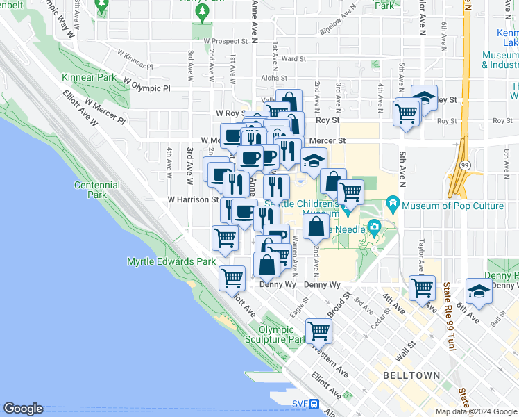 map of restaurants, bars, coffee shops, grocery stores, and more near 19 West Harrison Street in Seattle
