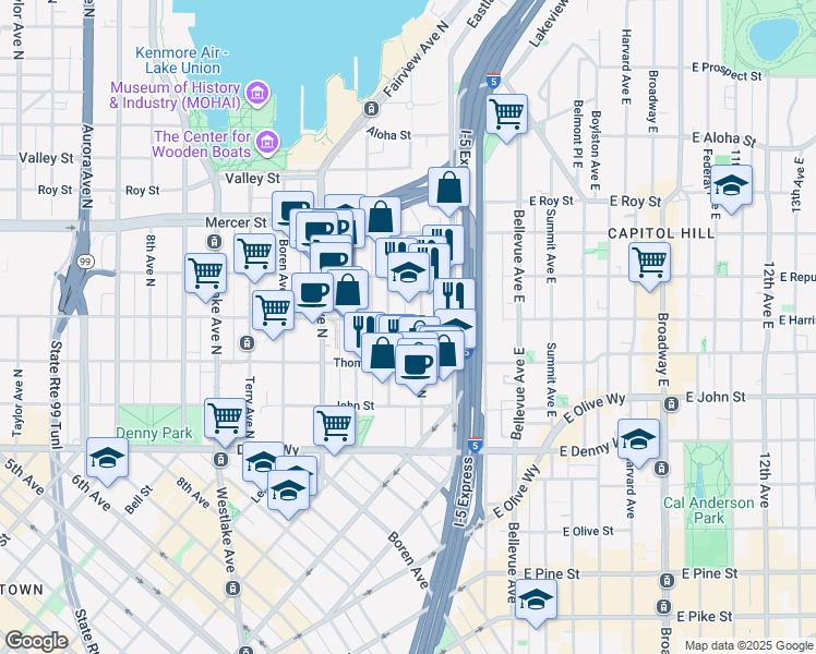 map of restaurants, bars, coffee shops, grocery stores, and more near 1255 Harrison Street in Seattle