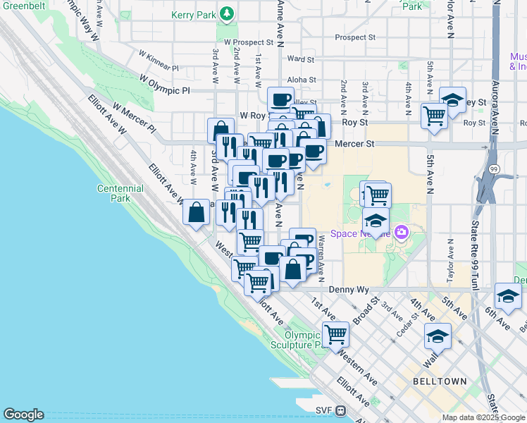 map of restaurants, bars, coffee shops, grocery stores, and more near 350 1st Avenue West in Seattle