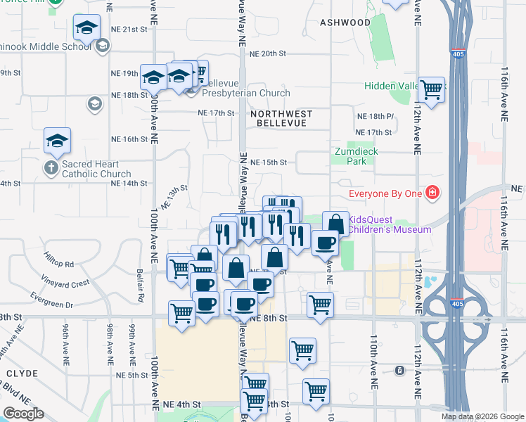 map of restaurants, bars, coffee shops, grocery stores, and more near 1270 Bellevue Way Northeast in Bellevue