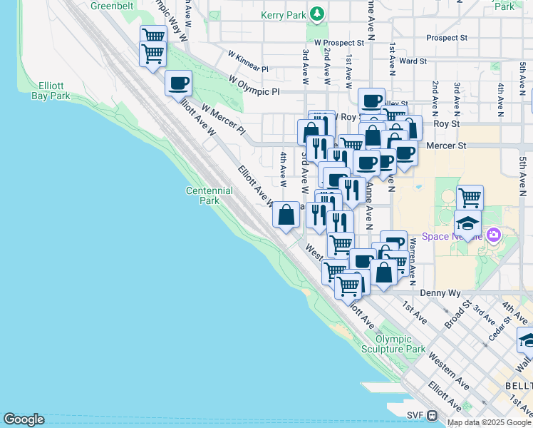 map of restaurants, bars, coffee shops, grocery stores, and more near 351 Elliott Avenue West in Seattle