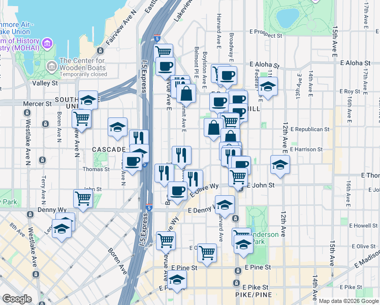 map of restaurants, bars, coffee shops, grocery stores, and more near 511 East Harrison Street in Seattle