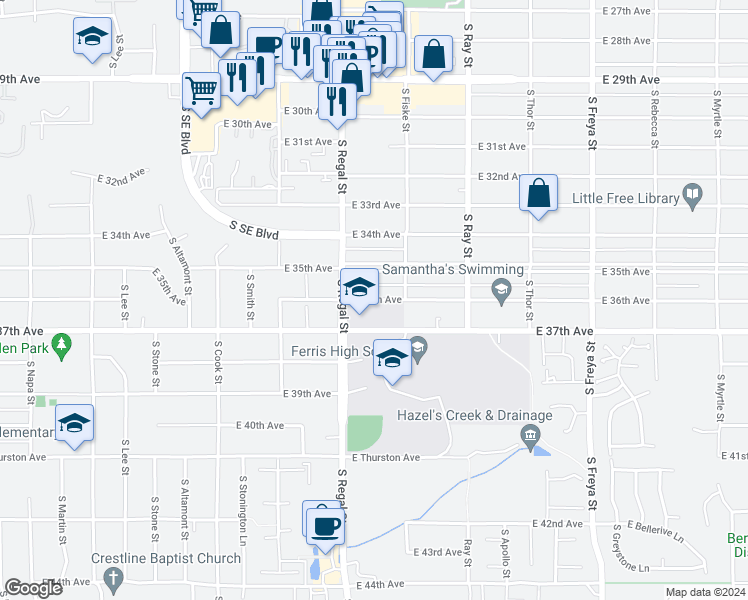 map of restaurants, bars, coffee shops, grocery stores, and more near 2921 East 36th Avenue in Spokane
